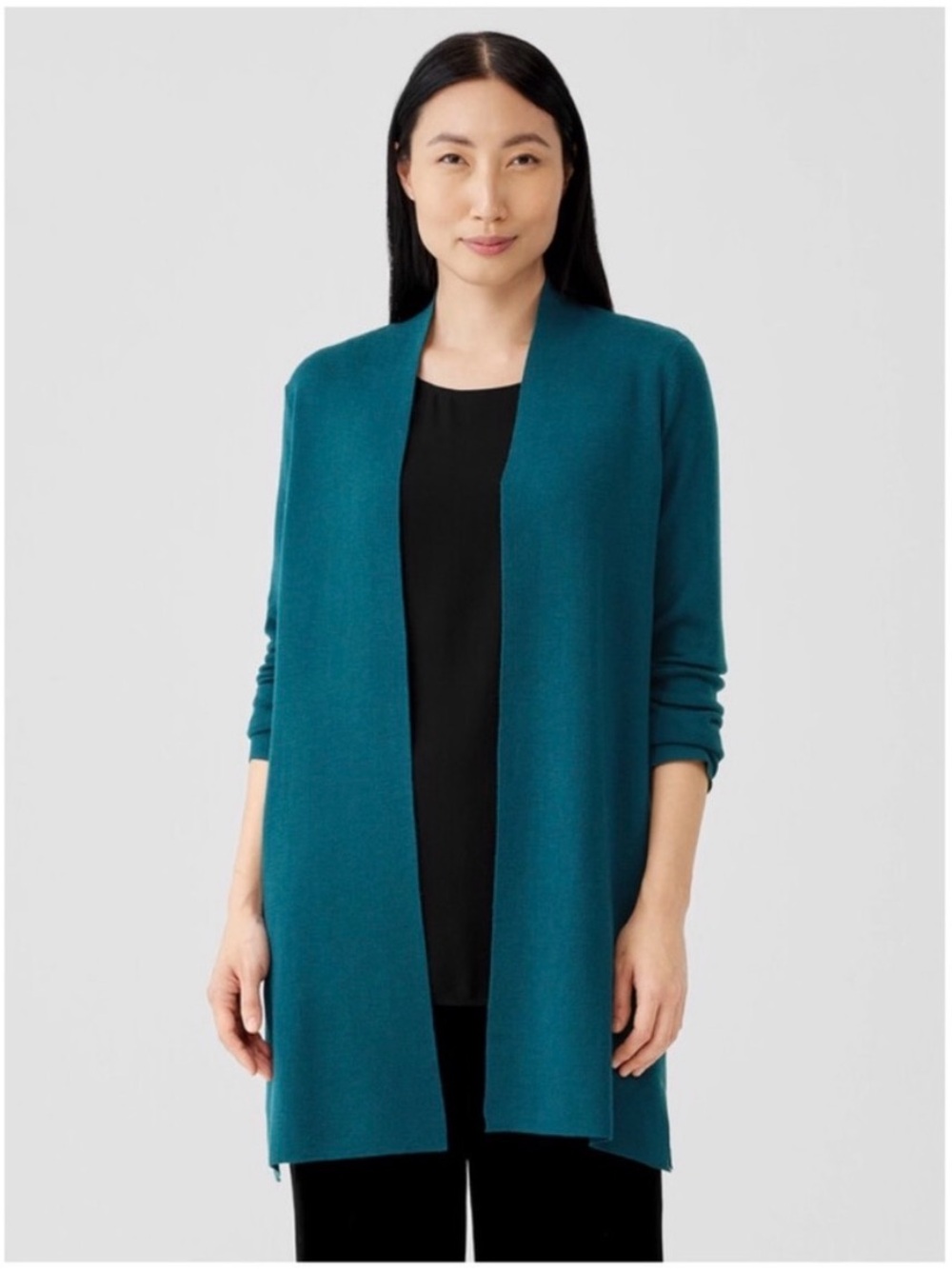 Eileen Fisher Ultrafine Merino Wool Long Cardigan Teal Large